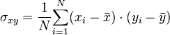 \sigma_{xy} =\frac{1}{N}{\sum_{i=1}^N (x_i - \bar x)\cdot(y_i - \bar y)}