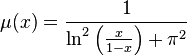 \mu(x)=\frac{1}{\ln^2\left(\frac{x}{1-x}\right)+\pi^2}