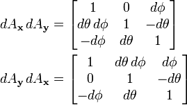 \begin{align}  dA_{\bold{x}}\,dA_{\bold{y}} &{}= \begin{bmatrix} 1 & 0 & d\phi \\ d\theta\,d\phi & 1 & -d\theta \\ -d\phi & d\theta & 1 \end{bmatrix} \\  dA_{\bold{y}}\,dA_{\bold{x}} &{}= \begin{bmatrix} 1 & d\theta\,d\phi & d\phi \\ 0 & 1 & -d\theta \\ -d\phi & d\theta & 1 \end{bmatrix} \\ \end{align}