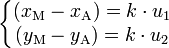 \left\{\begin{matrix} (x_\mathrm{M} - x_\mathrm{A}) = k \cdot u_1 \\ (y_\mathrm{M} - y_\mathrm{A}) = k \cdot u_2 \end{matrix}\right.