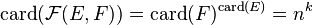 \ \mathrm{card}(\mathcal F(E, F)) = \mathrm{card}(F)^{\mathrm{card}(E)} =n^k 
