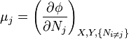  ~\mu_j= \left(\frac{\partial \phi}{\partial N_j}\right)_{X,Y,\{N_{i\ne j}\}} 