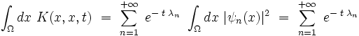  \int_{\Omega} dx \ K(x,x,t) \ = \ \sum_{n=1}^{+\infty} \ e^{- \; t \; \lambda_n} \ \int_{\Omega} dx \ | \psi_n(x) |^2 \ = \ \sum_{n=1}^{+\infty} \ e^{- \; t \; \lambda_n}  