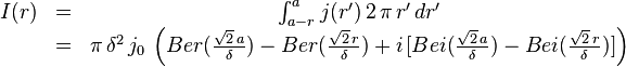  \begin{matrix}I(r) &=& \int_{a-r}^a j(r^\prime) \, 2 \, \pi \, r^\prime \, dr^\prime\\ &=& \pi \, \delta^2 \, j_0 \, \left( Ber(\frac{\sqrt{2}\, a}{\delta})- Ber(\frac{\sqrt{2}\, r}{\delta}) + i \, [Bei(\frac{\sqrt{2}\, a}{\delta}) - Bei(\frac{\sqrt{2}\, r}{\delta})] \right)\end{matrix} 