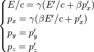 \begin{cases} E/c= \gamma (E'/c + \beta p'_x)\\ p_x = \gamma (\beta E'/c + p'_x)\\ p_y = p'_y\\ p_z =  p'_z \end{cases} 