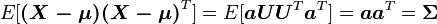 E[\boldsymbol{(X-\mu)} \boldsymbol{(X-\mu)}^T] = E[\boldsymbol{a} \boldsymbol{U} \boldsymbol{U}^T \boldsymbol{a}^T] = \boldsymbol{a}\boldsymbol{a}^T= \boldsymbol{\Sigma}\,