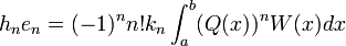 h_ne_n=(-1)^n n! k_n\int_a^b(Q(x))^nW(x)dx