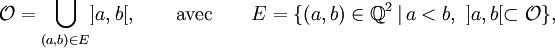 \mathcal{O}=\bigcup_{(a,b)\in E}]a,b[,\qquad\text{avec}\qquad E=\{(a,b)\in\Q^2\,|\,a<b,\ ]a,b[\subset\mathcal{O}\},
