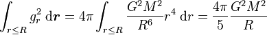 \int_{r \leq R} g_r^2 \; {\rm d} {\boldsymbol r} = 4 \pi \int_{r \leq R} \frac{G^2 M^2}{R^6} r^4 \; {\rm d} r = \frac{4 \pi}{5} \frac{G^2 M^2}{R}