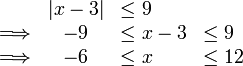 \begin{array}{lcll} &|x-3|&\leq 9 &\\ \Longrightarrow &-9 &\leq x - 3 &\leq 9 \\ \Longrightarrow &-6 &\leq x     &\leq 12 \end{array} 