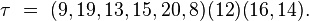 \tau\ =\ (9, 19, 13, 15, 20, 8) (12) (16,14).