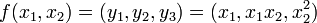 f(x_1,x_2)=(y_1,y_2,y_3)=(x_1,x_1x_2,x_2^2)