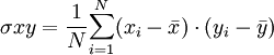 \sigma xy =\frac{1}{N}{\sum_{i=1}^N (x_i - \bar x)\cdot(y_i - \bar y)}