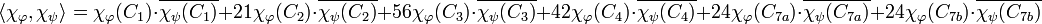 \langle \chi_{\varphi} , \chi_{\psi}\rangle =  \chi_{\varphi}(C_1)\cdot \overline{\chi_{\psi}(C_1)} + 21\chi_{\varphi}(C_2)\cdot \overline{\chi_{\psi}(C_2)} + 56\chi_{\varphi}(C_3)\cdot \overline{\chi_{\psi}(C_3)} + 42\chi_{\varphi}(C_4)\cdot \overline{\chi_{\psi}(C_4)} + 24\chi_{\varphi}(C_{7a})\cdot \overline{\chi_{\psi}(C_{7a})} + 24\chi_{\varphi}(C_{7b})\cdot \overline{\chi_{\psi}(C_{7b})}