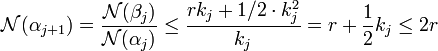 \mathcal N(\alpha_{j+1}) = \frac {\mathcal N(\beta_j)}{\mathcal N(\alpha_j)}\le \frac {rk_j + 1/2\cdot k_j^2}{k_j} = r+\frac 12 k_j \le 2r \;