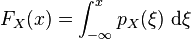 F_X(x) = \int_{-\infty}^{x} p_X(\xi)\ \textrm{d}\xi