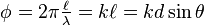 \textstyle{\phi=2\pi{\ell\over\lambda}=k\ell=kd\sin\theta}