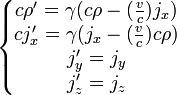 \left\{ \begin{matrix} c \rho'=\gamma(c \rho -(\frac{v}{c})j_x)\\ cj'_x=\gamma(j_x-(\frac{v}{c})c\rho)\\ j'_y=j_y\\ j'_z=j_z \end{matrix} \right.