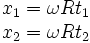 \begin{matrix}x_1=\omega R t_1\\x_2=\omega R t_2\end{matrix}