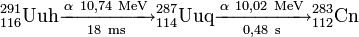 \mathrm{^{291}_{116}Uuh\xrightarrow[18\ ms]{\alpha\ 10,74\ MeV}{}^{287}_{114}Uuq\xrightarrow[0,48\ s]{\alpha\ 10,02\ MeV}{}^{283}_{112}Cn}