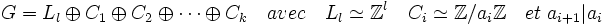 G=L_l\oplus C_1\oplus C_2 \oplus \cdots \oplus C_k \quad avec \quad L_l \simeq \mathbb{Z}^l \quad C_i \simeq \mathbb{Z}/a_i\mathbb{Z} \quad et \; a_{i+1} | a_i