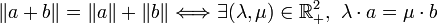 \|a + b\| = \|a\| + \|b\| \Longleftrightarrow \exists (\lambda,\mu) \in \mathbb{R}_+^2,\ \lambda\cdot a = \mu \cdot b