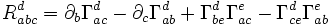 R_{abc}^d=\partial_b\Gamma_{ac}^d-\partial_c\Gamma_{ab}^d+\Gamma_{be}^d\Gamma_{ac}^e-\Gamma_{ce}^d\Gamma_{ab}^e