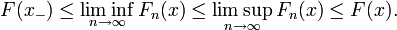\ F(x_{-})\le\liminf_{n\rightarrow\infty} F_n(x) \le\limsup_{n\rightarrow\infty} F_n(x) \le F(x).