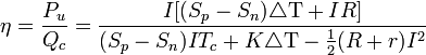 \eta=\frac{P_u}{Q_c}=\frac{I[(S_p-S_n)\triangle\mathrm{T}+IR]}{(S_p-S_n)IT_c+K\triangle\mathrm{T}-\frac{1}{2}(R+r)I^2}\,