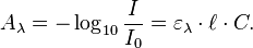 A_\lambda = -\log_{10}\frac{I}{I_0} = \varepsilon_\lambda \cdot \ell \cdot C.