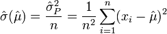 \hat\sigma(\hat\mu) = \frac{\hat\sigma^2_{P}}{n} = \frac{1}{n^2} \sum_{i=1}^n (x_i - \hat\mu)^2