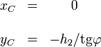 \begin{matrix} x_C &=& 0\, \\ \ &\ &\ \\ y_C &=& -h_2 / \operatorname{tg}\varphi \end{matrix}
