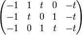 \begin{pmatrix} -1&1&t &0 & -t \\ -1&t&0&1 & -t \\ -1&0&1&t&-t\\ \end{pmatrix} 