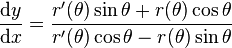 \frac{\mathrm dy}{\mathrm dx}=\frac{r'(\theta)\sin\theta+r(\theta)\cos\theta}{r'(\theta)\cos\theta-r(\theta)\sin\theta}
