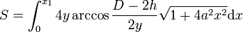 S=\int_0^{x_1} 4y \arccos\frac{D-2h}{2y}\sqrt{1+4a^2x^2}\mathrm dx