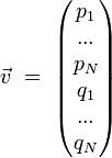  \vec{v} \ = \ \begin{pmatrix} p_1 \\ ... \\ p_N \\ q_1 \\ ... \\q_N \end{pmatrix} 