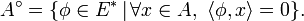  A^\circ=\{\phi \in E^* \,|\, \forall x \in A,\ \langle\phi,x\rangle=0\}.