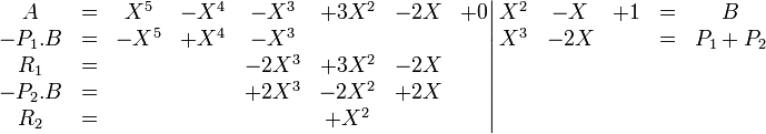 \left. \begin{matrix} A      & =        &  X^5    &   -X^4 &    -X^3 & +3X^2 & -2X  & +0 \\   -P_1.B & =        & -X^5    &   +X^4 &    -X^3 &       &      &    \\   R_1    & =        &         &        &   -2X^3 & +3X^2 & -2X  &    \\  -P_2.B & =        &         &        &   +2X^3 & -2X^2 & +2X  &    \\ R_2    & =        &         &        &         & +X^2  &      &    \\ \end{matrix} \right| \begin{matrix} X^2 & -X    & +1 & =& B \\ X^3 & -2X   &    & =& P_1 + P_2\\                          \\  \\  \\  \end{matrix}