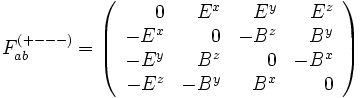 F_{ab}^{(+---)} = \left(\begin{array}{rrrr} 0 & E^x & E^y & E^z \\ - E^x & 0 & - B^z & B^y \\ - E^y & B^z & 0 & - B^x \\ - E^z & - B^y & B^x & 0 \end{array}\right)