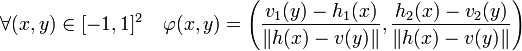 \forall (x,y) \in [-1,1]^2 \quad \varphi(x,y) = \left(\frac {v_1(y) - h_1(x)}{\|h(x) - v(y)\|},\frac {h_2(x) - v_2(y)}{\|h(x) - v(y)\|}\right)