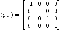 (g_{\mu \nu}) = \begin{bmatrix} -1 & 0 & 0 & 0\\ 0 & 1 & 0 & 0 \\ 0 & 0 & 1 & 0 \\ 0 & 0 & 0 & 1\end{bmatrix} \