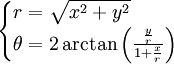 \begin{cases} r = \sqrt{x^2 + y^2}\\\theta = 2\arctan \left ( \frac{\frac y r}{1+\frac x r} \right )\end{cases}