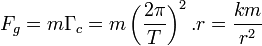  F_g = m \Gamma_c = m \left(\frac{2\pi}{T}\right)^2.r =\frac{k m}{r^2}