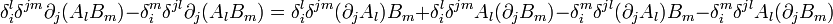  \delta_i ^l\delta^{jm}\partial_j(A_lB_m) - \delta_i^m\delta^{jl}\partial_j(A_lB_m) = \delta_i ^l\delta^{jm}(\partial_jA_l)B_m + \delta_i ^l\delta^{jm}A_l(\partial_jB_m) - \delta_i^m\delta^{jl}(\partial_jA_l)B_m - \delta_i^m\delta^{jl}A_l(\partial_jB_m) 
