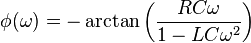 \phi(\omega) =  - \arctan\left(\frac{RC\omega}{1 - LC{\omega}^2}\right)