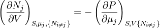  \left(\frac{\partial N_j}{\partial V}\right)_{S,\mu_j,\{N_{i\ne j}\}} = -\left(\frac{\partial P}{\partial \mu_j}\right)_{S,V\{N_{i\ne j}\}} 