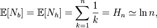 \mathbb{E}[N_b]=\mathbb{E}[N_h]=\sum_{k=1}^n\frac{1}k=H_n\simeq \ln n,