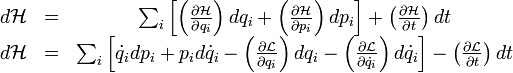 \begin{matrix} d \mathcal{H} &=& \sum_i \left[ \left({\partial \mathcal{H} \over \partial q_i}\right) dq_i + \left({\partial \mathcal{H} \over \partial p_i}\right) dp_i\right] + \left({\partial \mathcal{H} \over \partial t}\right) dt \\ d \mathcal{H} &=& \sum_i \left[ \dot{q}_i dp_i + p_i d\dot{q}_i - \left({\partial \mathcal{L} \over \partial q_i}\right) dq_i - \left({\partial \mathcal{L} \over \partial \dot{q}_i}\right) d\dot{q}_i \right] - \left({\partial \mathcal{L} \over \partial t}\right) dt \end{matrix}