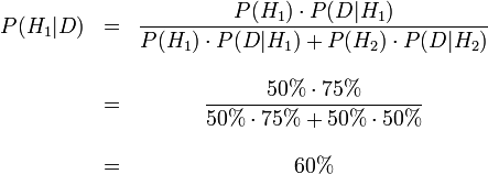  \begin{matrix} P(H_1 | D) &=& \displaystyle \frac{P(H_1) \cdot P(D | H_1)}{P(H_1) \cdot P(D | H_1) + P(H_2) \cdot P(D | H_2)} \\  \\  \ & =& \displaystyle\frac{50\% \cdot 75\%}{50\% \cdot 75\% + 50\% \cdot 50\%} \\  \\  \ & =& 60\% \end{matrix} 