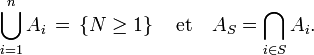 \bigcup_{i=1}^n A_i\,=\,\left\{N\ge 1\right\}\quad\text{et}\quad A_S=\bigcap_{i\in S} A_i.